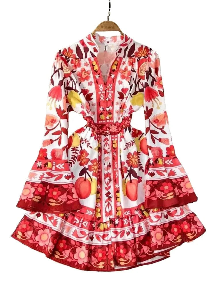 Women Holiday V Neck Flare Sleeve Single Breasted A Line Dresses Autumn Gorgeous Flower Print High Waist Beach Floral Vestidos