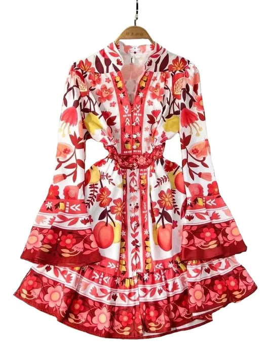 Women Holiday V Neck Flare Sleeve Single Breasted A Line Dresses Autumn Gorgeous Flower Print High Waist Beach Floral Vestidos