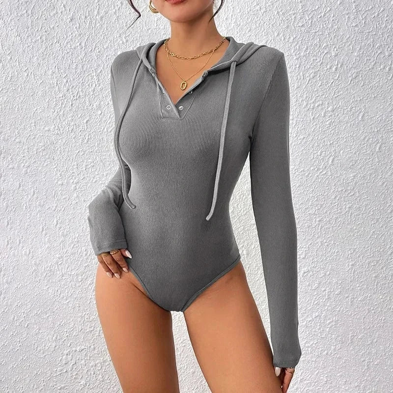 Women Hooded Bodysuit Romper Top Long Sleeve Slim Skinny Solid Color Fashion Sexy Teddy Rompers