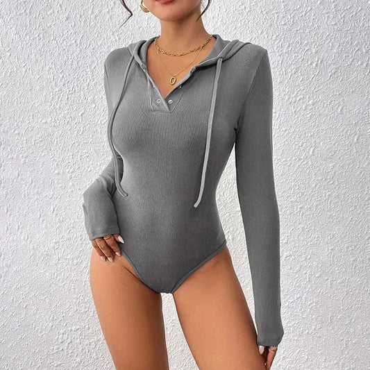 Women Hooded Bodysuit Romper Top Long Sleeve Slim Skinny Solid Color Fashion Sexy Teddy Rompers