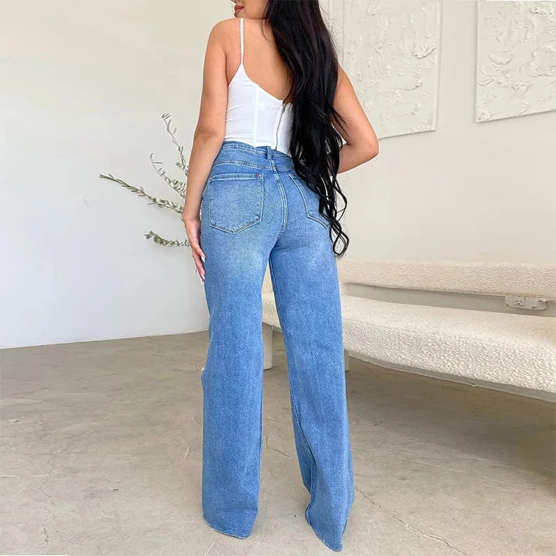 Women Independent Station Autumn And Winter Water Wash High Waist Broken Pants Wide Leg Pants Jeans