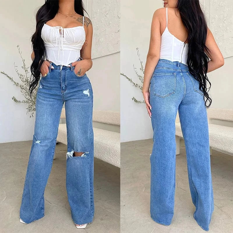 Women Independent Station Autumn And Winter Water Wash High Waist Broken Pants Wide Leg Pants Jeans
