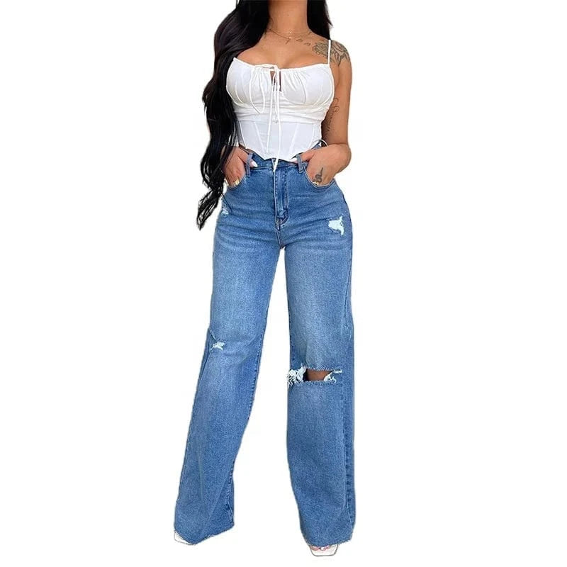 Women Independent Station Autumn And Winter Water Wash High Waist Broken Pants Wide Leg Pants Jeans