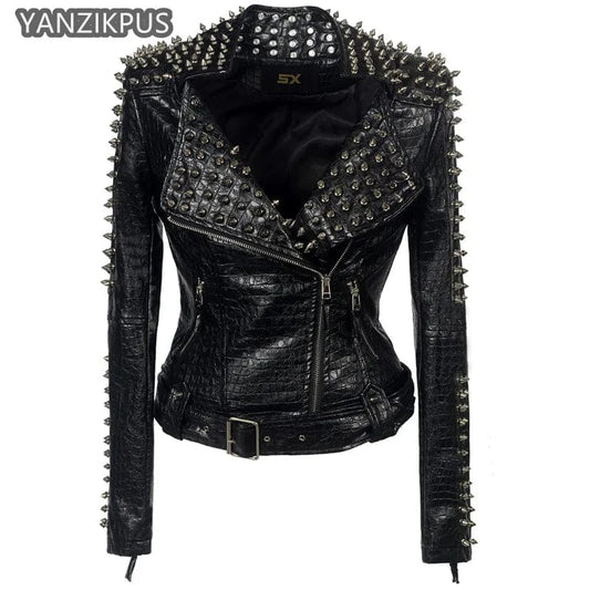 women jacket 2024 Steampunk Rock Rivet Women's Leather Jacket Slim Short Streetwear Gothic Embroidery PU Leather Locomotive Coat Femme