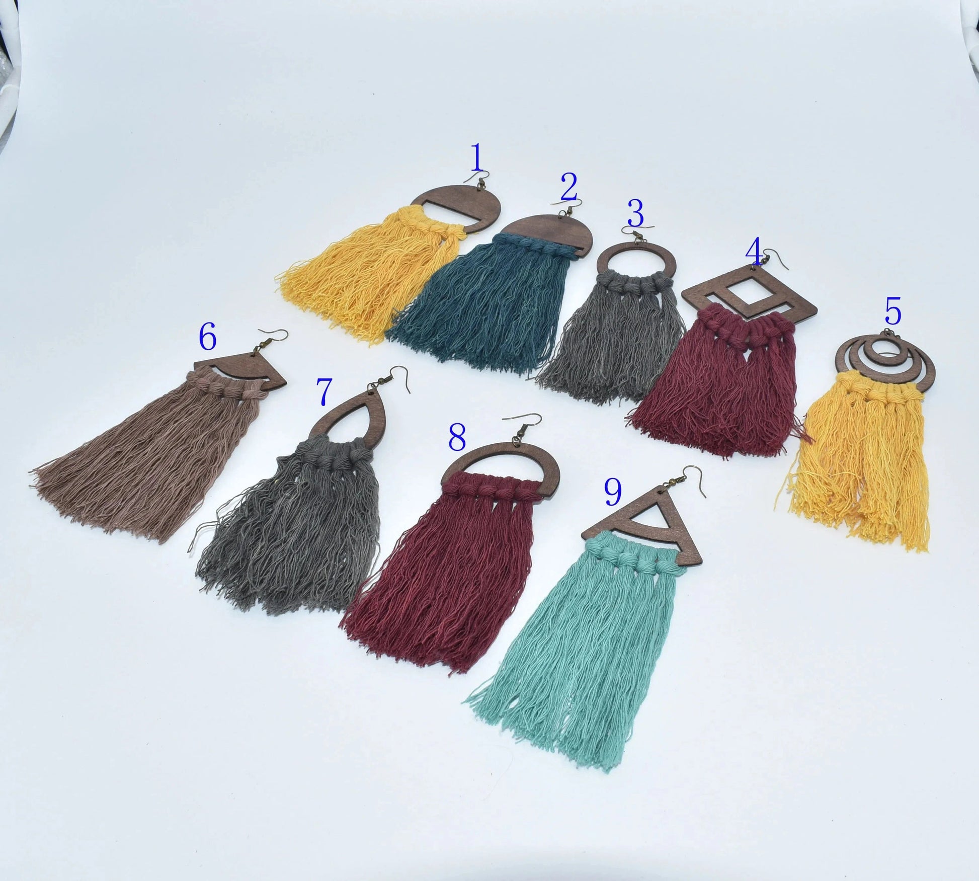 Women Jewelry Tassel Macrame Earrings Fringe Wooden Custom DIY Fashion Teardrop Handmade Cotton Metal Zinc Alloy Opp Bag Heart