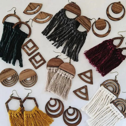 Women Jewelry Tassel Macrame Earrings Fringe Wooden Custom DIY Fashion Teardrop Handmade Cotton Metal Zinc Alloy Opp Bag Heart