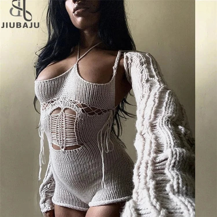 Women Knit Playsuit Spaghetti Strap Lace Up Rip Slim Backless Rompers With Separately Sleeve Female Trend Overalls