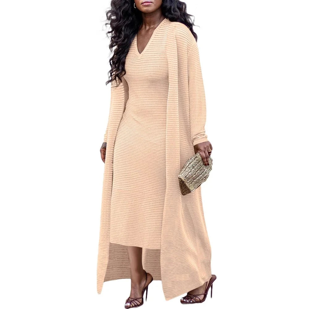 Women Knit Ribbed Bodycon Long Tank Dress Set and Long Sleeve Clock Top 2024 Spring Street Two 2 Piece Sets Outfits