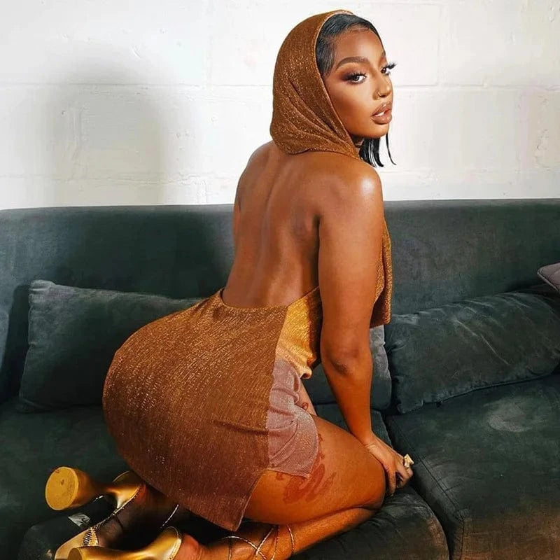 Women Knitted Sleeveless Hooded Bodycon Dress Halter Backless Mini Casual Dresses For Women