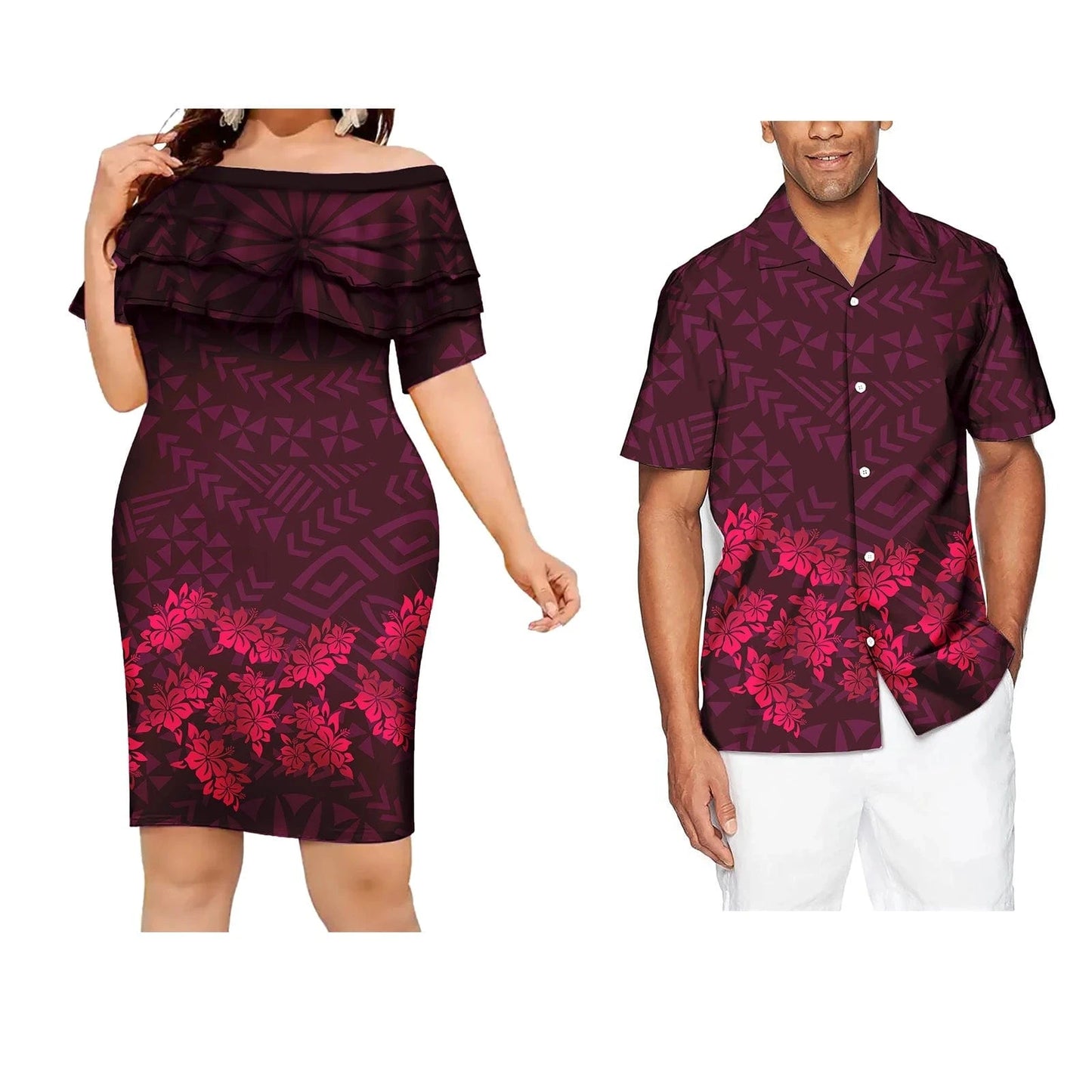 Women-L / 0453J Couple Outfit Polynesian Samoan Puletasi Evening Dresses Women Custom Hawaiian Dress Beachwear Shirt