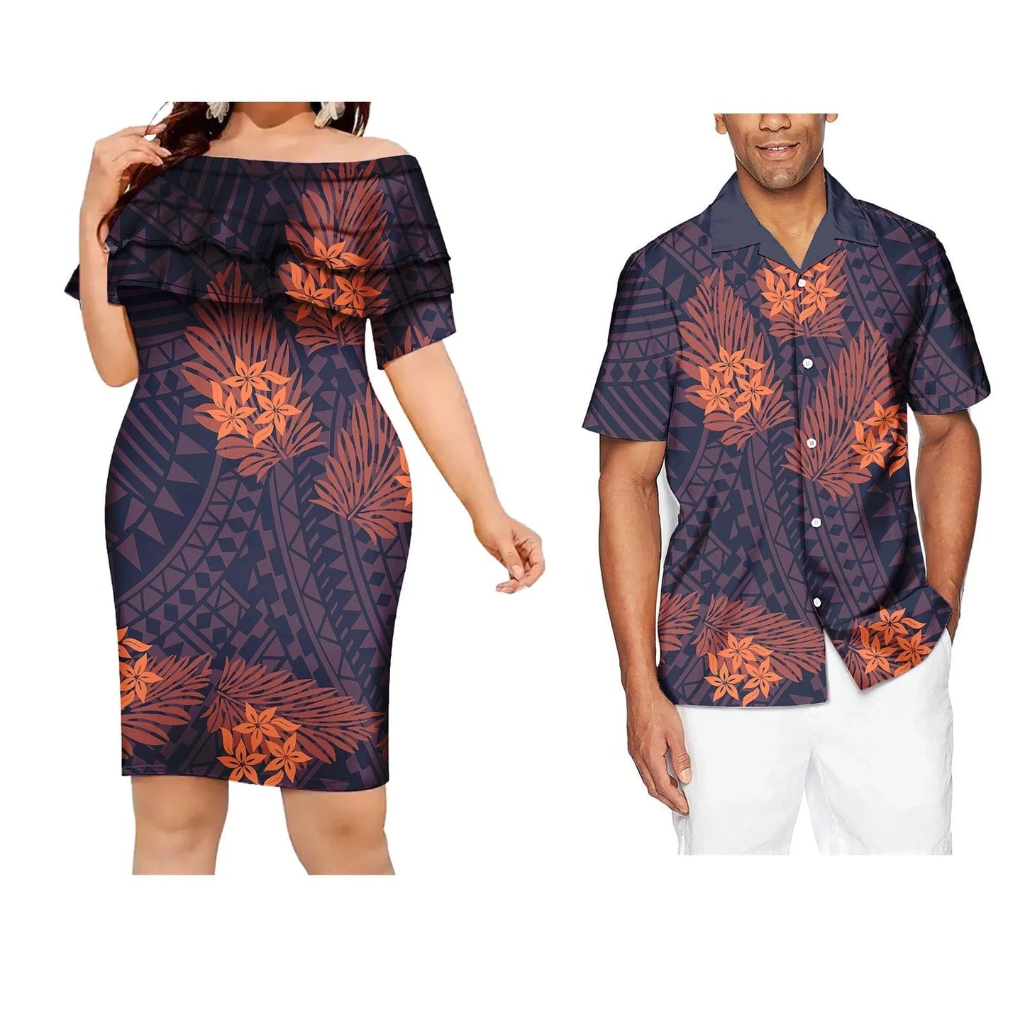 Women-L / 0462J Couple Outfit Polynesian Samoan Puletasi Evening Dresses Women Custom Hawaiian Dress Beachwear Shirt