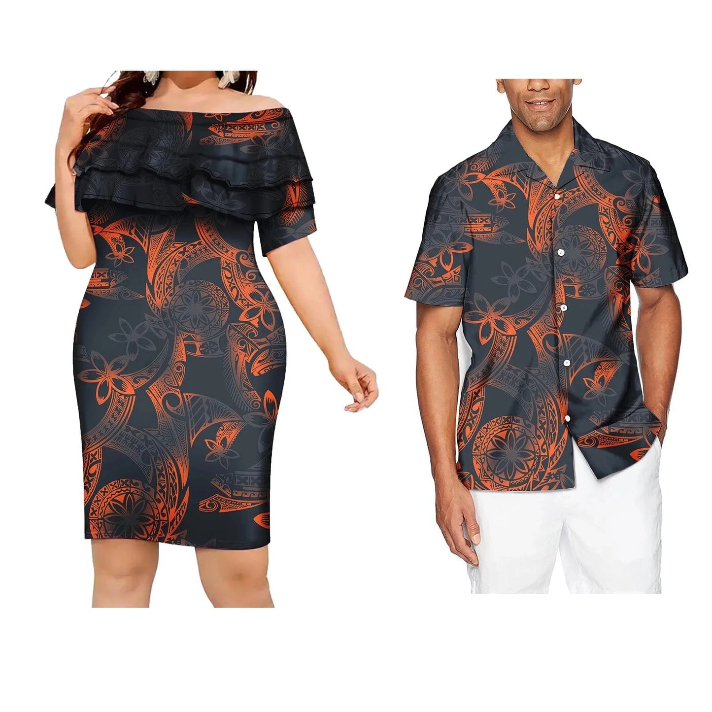 Women-L / 0485J Couple Outfit Polynesian Samoan Puletasi Evening Dresses Women Custom Hawaiian Dress Beachwear Shirt
