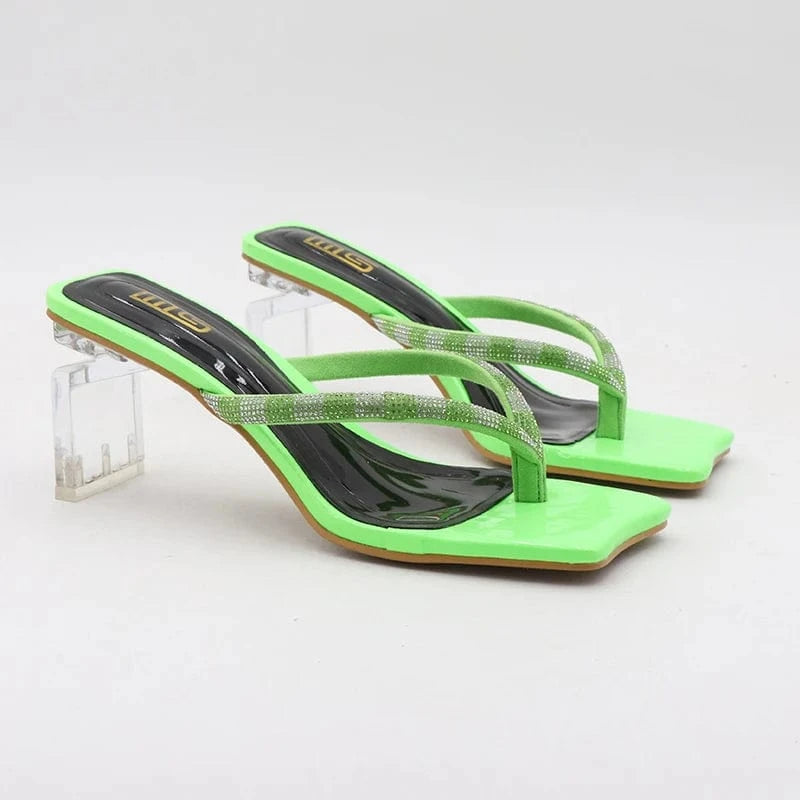 Women Ladies Female Women Open Toes Square Head High Transparent Thick Wide Block Heels Flip-Flops Slippers Heeled Sandals Women