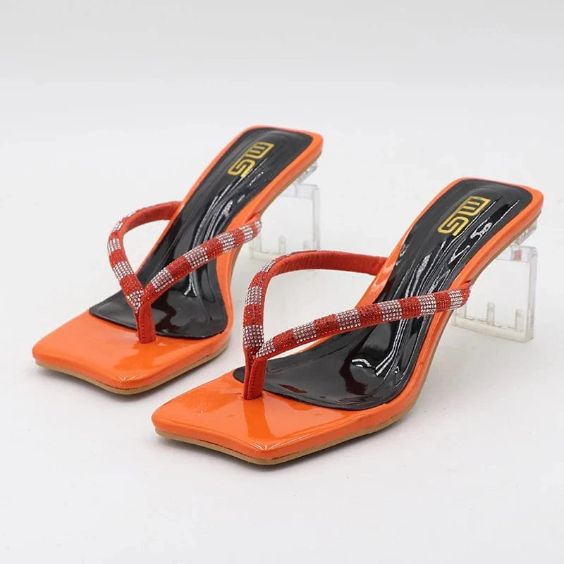 Women Ladies Female Women Open Toes Square Head High Transparent Thick Wide Block Heels Flip-Flops Slippers Heeled Sandals Women