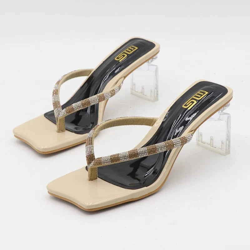 Women Ladies Female Women Open Toes Square Head High Transparent Thick Wide Block Heels Flip-Flops Slippers Heeled Sandals Women