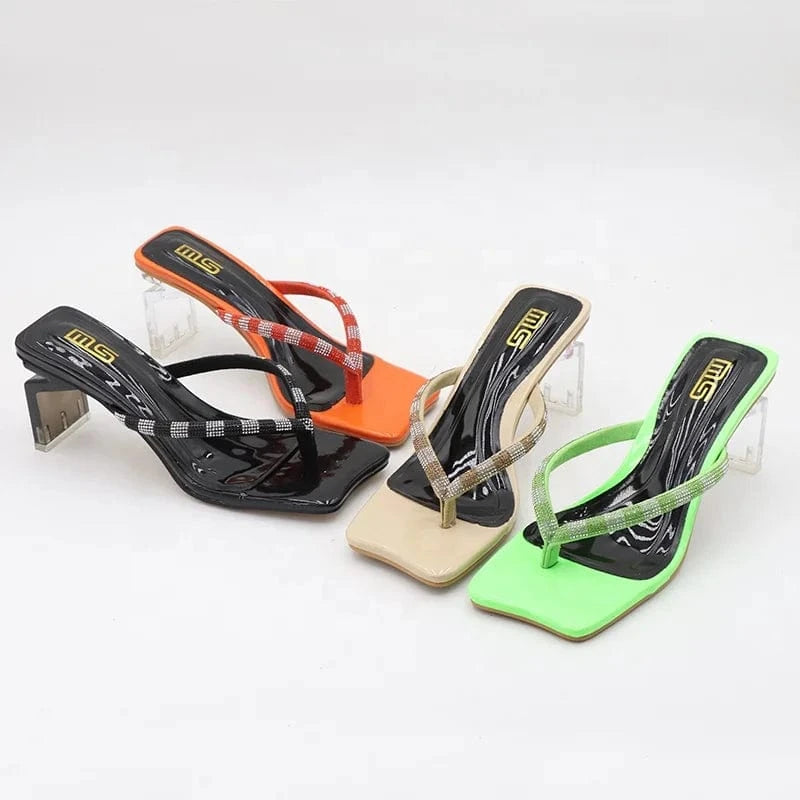 Women Ladies Female Women Open Toes Square Head High Transparent Thick Wide Block Heels Flip-Flops Slippers Heeled Sandals Women