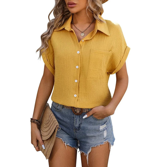 Women Lady Girls Loose Short Sleeve Shirt  Hot Sale  Slim Spring Summer Elegant  Pocket Casual Crinkle Blouse Commuting  Shirt