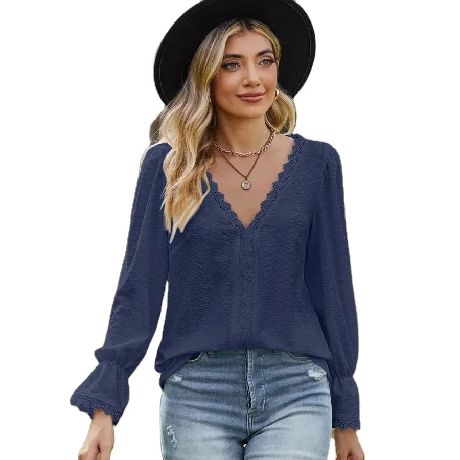 Women Lady Girls V-neck Lace Patchwork Long Sleeve Women's 2024 Hot Sale  Spring Summer Autumn Elegant Casual Shirt