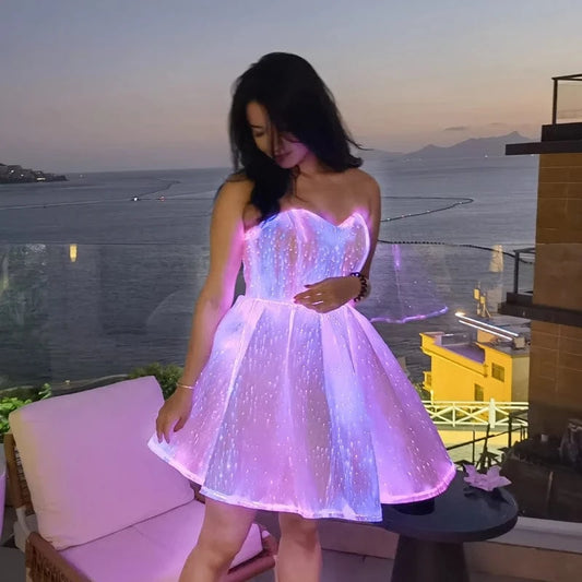 Women Latest Designs LED Fiber Optic Fabric Night Prom Dress Evening Ladies Party dress LED Luminous Gown Glow Dresses