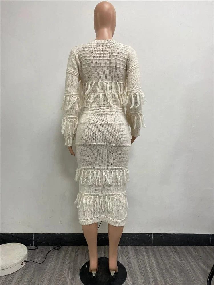 Women Long Sleeve Tassel Bodycon Midi Knit Straight Dress 2024 Autumn Winter O-neck Sweater Vestidos Dresses