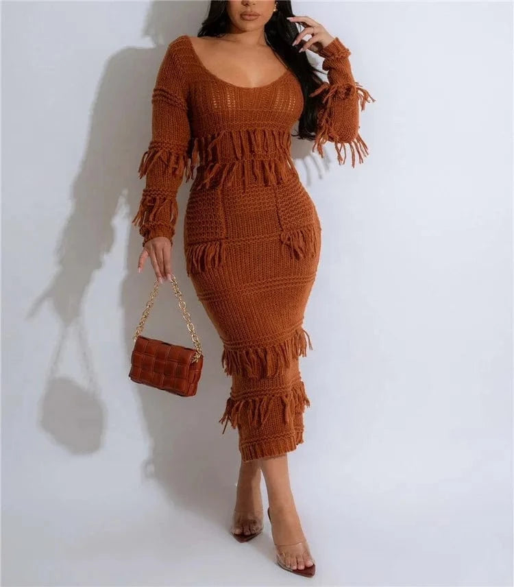 Women Long Sleeve Tassel Bodycon Midi Knit Straight Dress 2024 Autumn Winter O-neck Sweater Vestidos Dresses