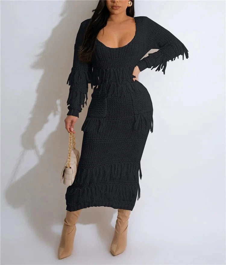 Women Long Sleeve Tassel Bodycon Midi Knit Straight Dress 2024 Autumn Winter O-neck Sweater Vestidos Dresses