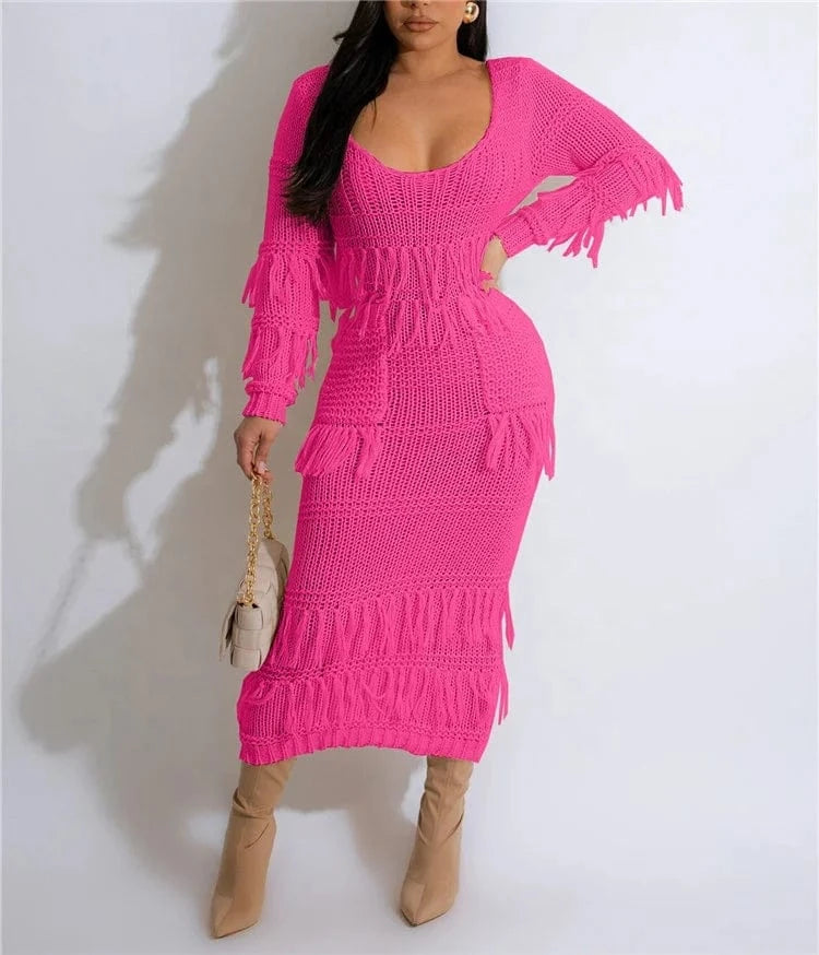 Women Long Sleeve Tassel Bodycon Midi Knit Straight Dress 2024 Autumn Winter O-neck Sweater Vestidos Dresses