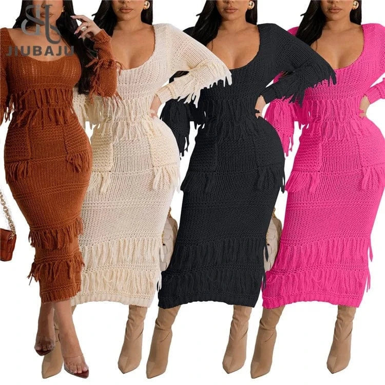 Women Long Sleeve Tassel Bodycon Midi Knit Straight Dress 2024 Autumn Winter O-neck Sweater Vestidos Dresses