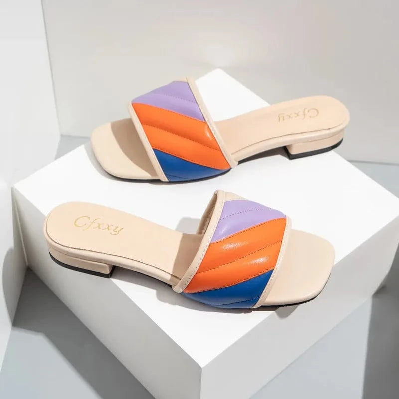 Women Low Block Heels Sandals Peep Toe Square Easy Match Slippers