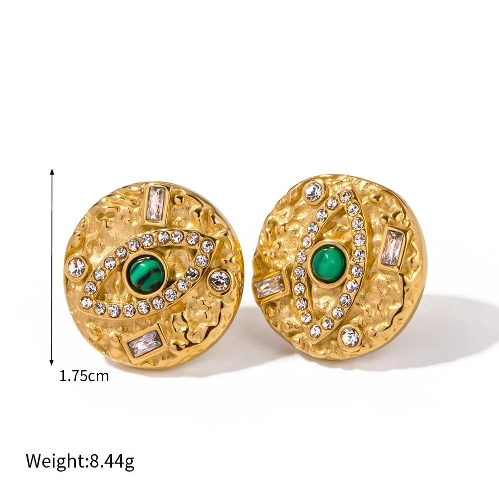 Women Luxury 18K Gold Stainless Steel Jewelry Ornaments Malachite Devil's Eye Earring Ring Set