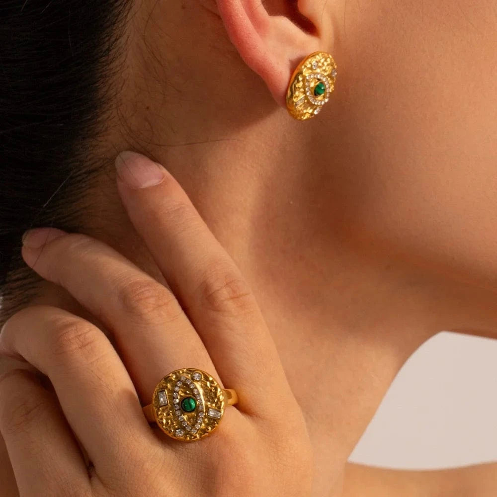 Women Luxury 18K Gold Stainless Steel Jewelry Ornaments Malachite Devil's Eye Earring Ring Set