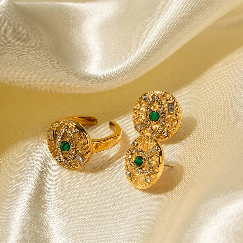 Women Luxury 18K Gold Stainless Steel Jewelry Ornaments Malachite Devil's Eye Earring Ring Set