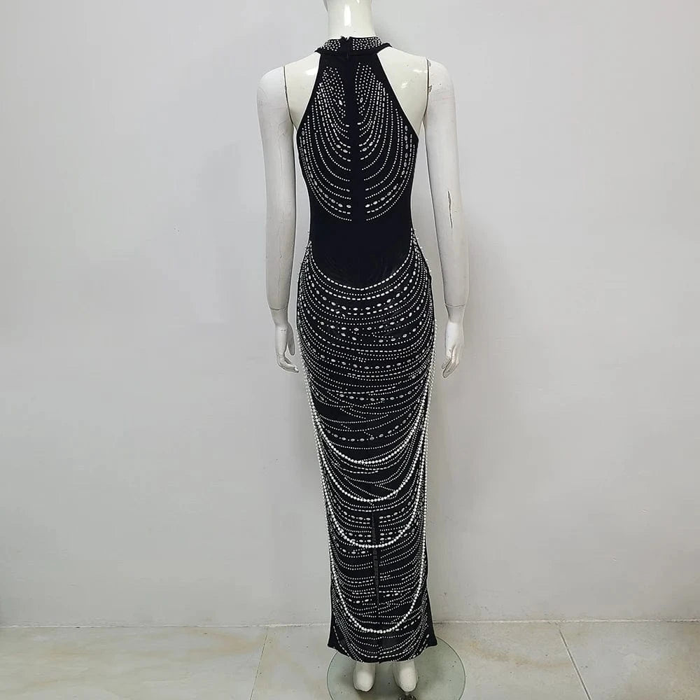 Women Luxury Sexy Strapless Backless Pearl Sequins Maxi Long Black Gowns Dress 2024 Elegant Evening Party Club Dress Vestido