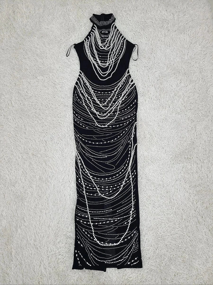 Women Luxury Sexy Strapless Backless Pearl Sequins Maxi Long Black Gowns Dress 2024 Elegant Evening Party Club Dress Vestido