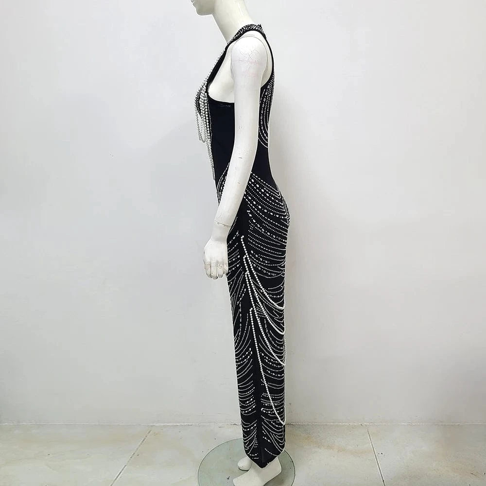 Women Luxury Sexy Strapless Backless Pearl Sequins Maxi Long Black Gowns Dress 2024 Elegant Evening Party Club Dress Vestido