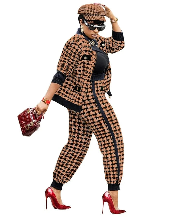women luxury tweed fabric plaid 2 piece plaid blazer jacket coat and long pants set two piece women fall 2024 clothes for women