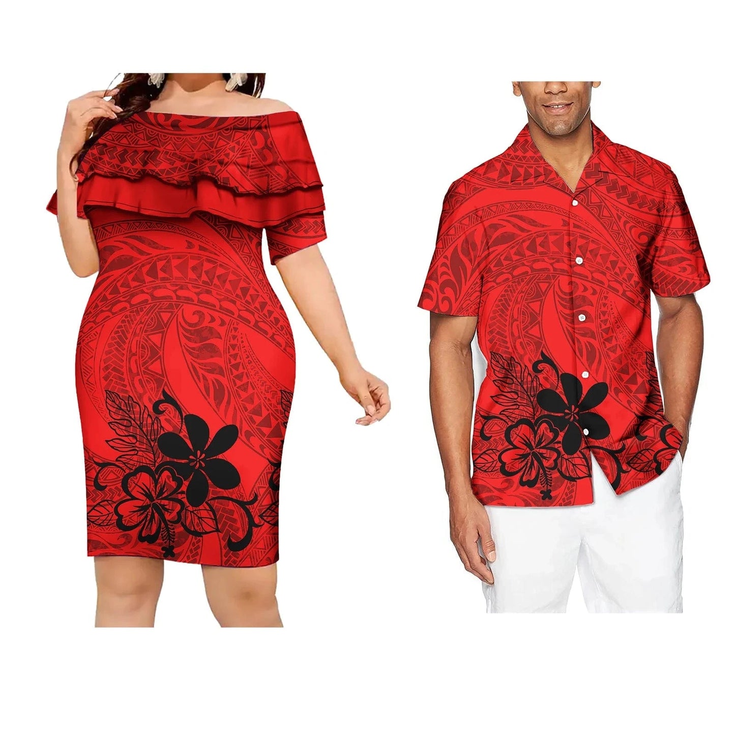 Women-M / 0544J Sweet Lovers Matching Couples Clothes Polynesian Tribal Tropical Flowers Print Custom Lady Elegant Casual Dresses Men's T Shirts