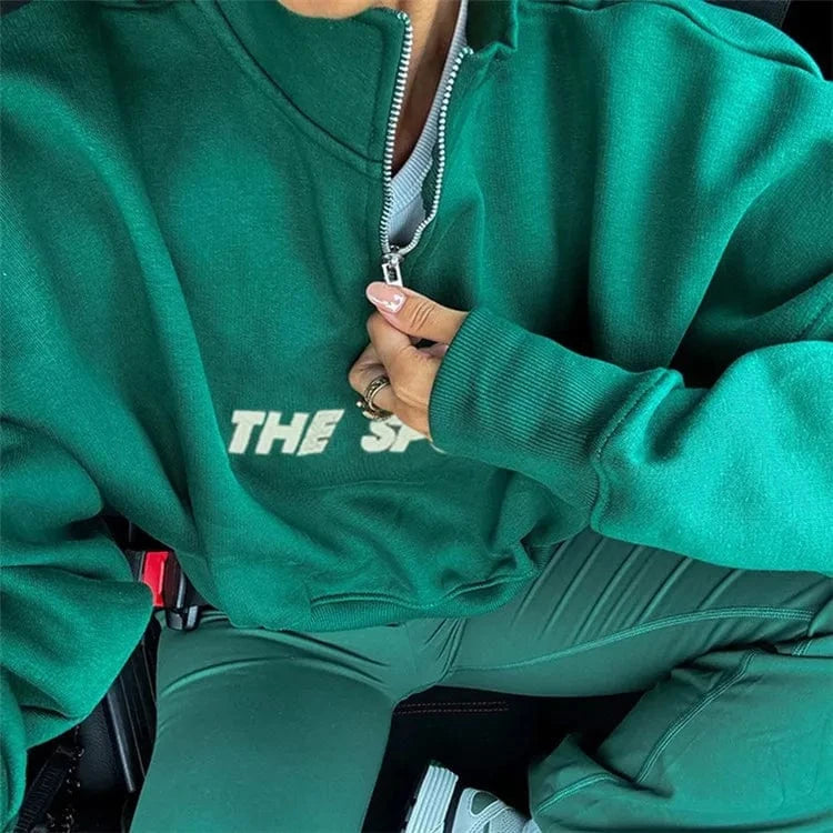 Women Matching 2 Piece Set New Casual Sporty Outfits Print Zippers Lapel Crop Pullover+High Waist Pants Female Tracksuits