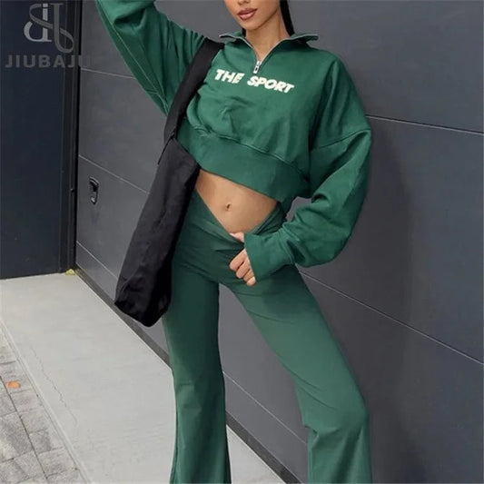 Women Matching 2 Piece Set New Casual Sporty Outfits Print Zippers Lapel Crop Pullover+High Waist Pants Female Tracksuits