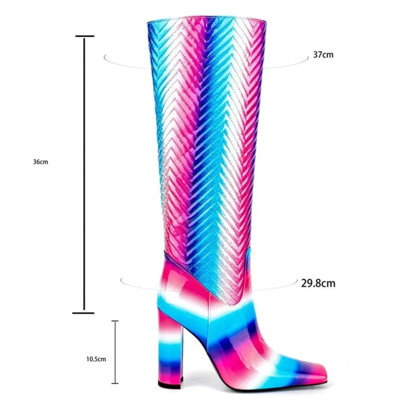 Women Mixed Colors Patent Leather Knee High Boots Big Size 44 Square Toe High Chunky Heels Shoes Slip On Long Boots