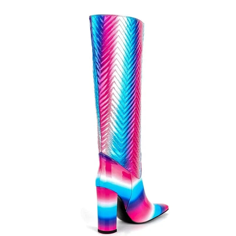 Women Mixed Colors Patent Leather Knee High Boots Big Size 44 Square Toe High Chunky Heels Shoes Slip On Long Boots