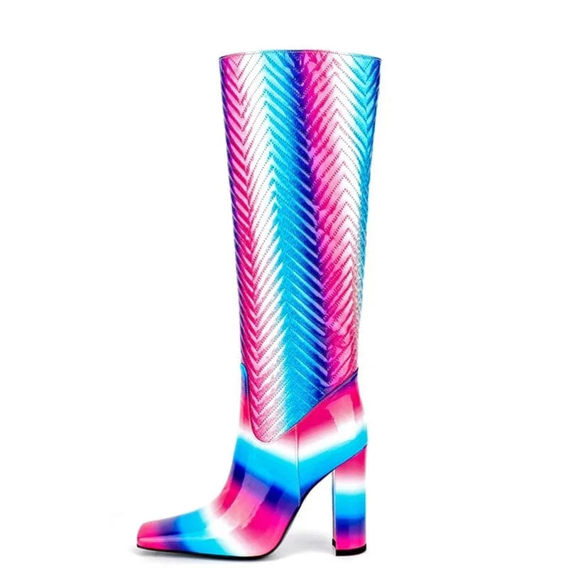 Women Mixed Colors Patent Leather Knee High Boots Big Size 44 Square Toe High Chunky Heels Shoes Slip On Long Boots