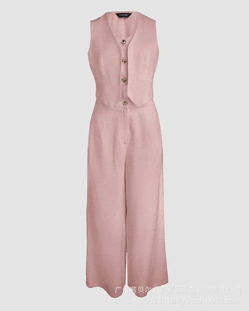 Women New 2 Pieces Outfits Metal Button Decor V Neck Sleeveless Tank Top and Casual Plain Loose Fit Pants Set