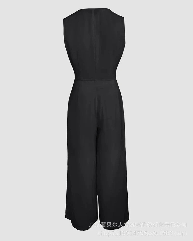 Women New 2 Pieces Outfits Metal Button Decor V Neck Sleeveless Tank Top and Casual Plain Loose Fit Pants Set