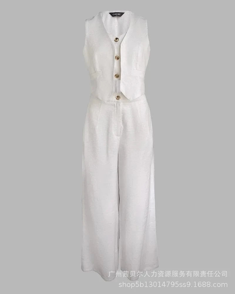 Women New 2 Pieces Outfits Metal Button Decor V Neck Sleeveless Tank Top and Casual Plain Loose Fit Pants Set