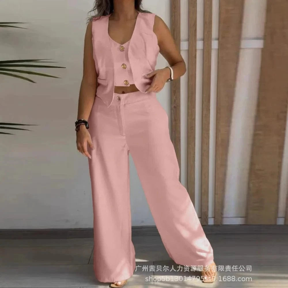 Women New 2 Pieces Outfits Metal Button Decor V Neck Sleeveless Tank Top and Casual Plain Loose Fit Pants Set
