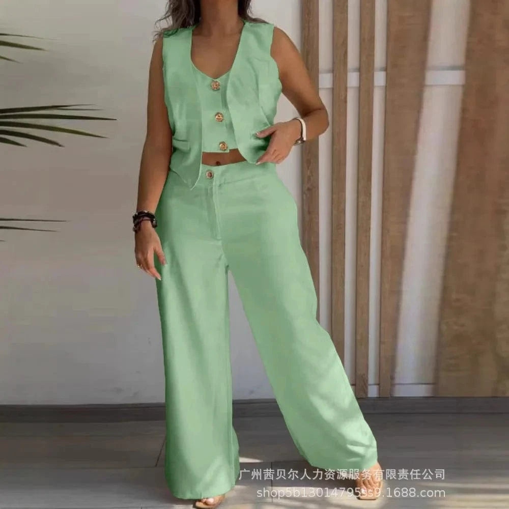 Women New 2 Pieces Outfits Metal Button Decor V Neck Sleeveless Tank Top and Casual Plain Loose Fit Pants Set