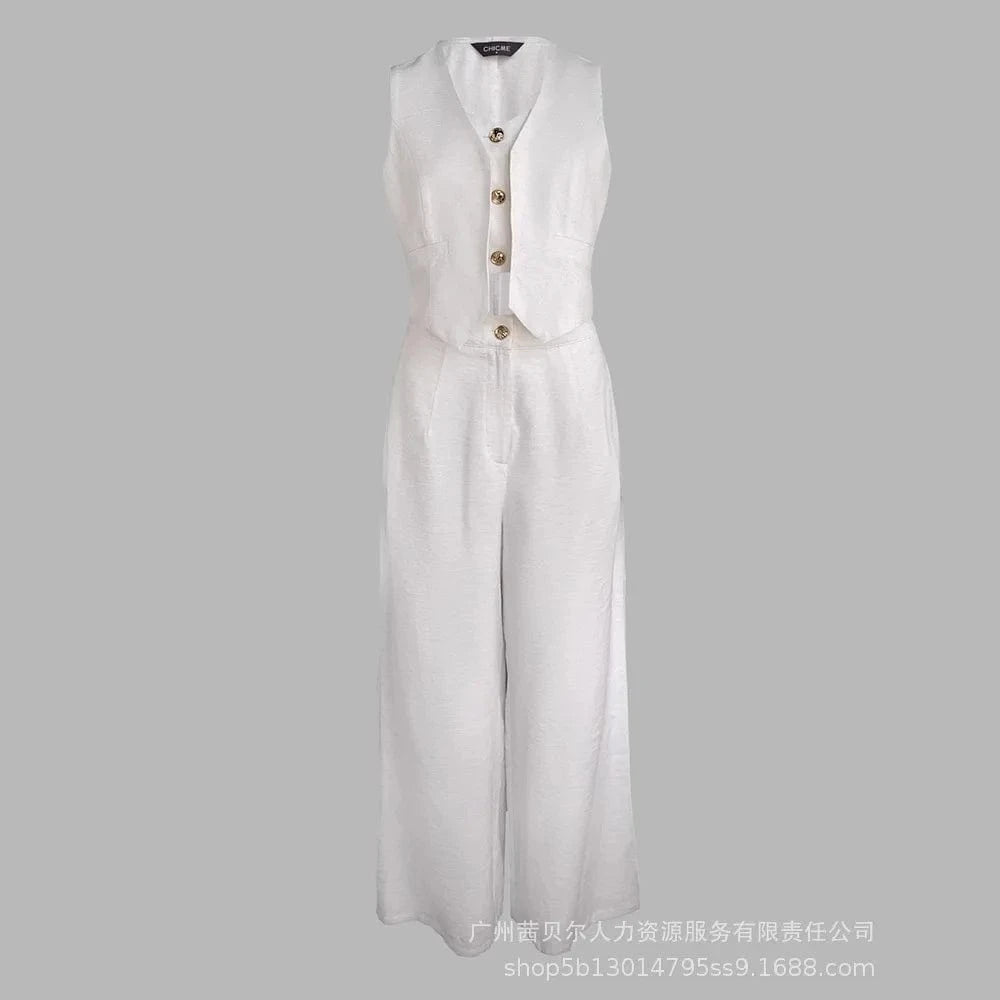 Women New 2 Pieces Outfits Metal Button Decor V Neck Sleeveless Tank Top and Casual Plain Loose Fit Pants Set