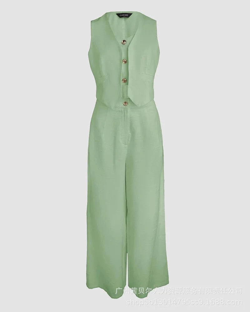 Women New 2 Pieces Outfits Metal Button Decor V Neck Sleeveless Tank Top and Casual Plain Loose Fit Pants Set