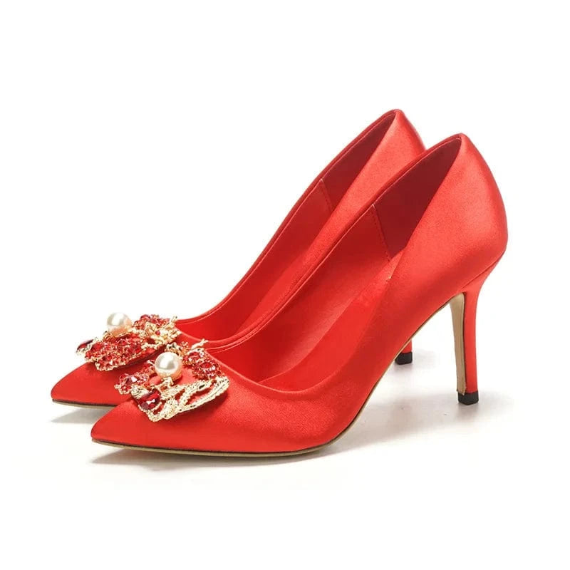 Women New Red Silks Satin Pumps Female Point Toe Rhinestone High Heels Ladies Outside Wedding Dress Sandals